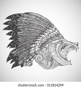 Hand Drawn Native American Indian Headdress. Bear in Indian chief feather hat.