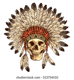 Hand Drawn Native American Indian Headdress With Human Skull. Vector Color Illustration Of Indian Tribal Chief Feather Hat And Skull