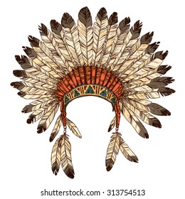 Hand Drawn Native American Indian Headdress. Vector Color Illustration Of Indian Tribal Chief Feather Hat