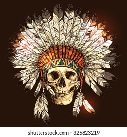 Hand Drawn Native American Indian Headdress With Human Skull. Vector Color Illustration Of Indian Tribal Chief Feather Hat And Skull