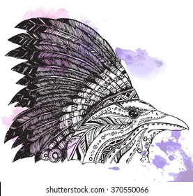 Hand Drawn Native American Indian Headdress. Crown in Indian chief feather hat.