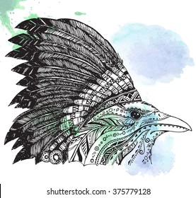 Hand Drawn Native American Indian Headdress. Crown in Indian chief feather hat.