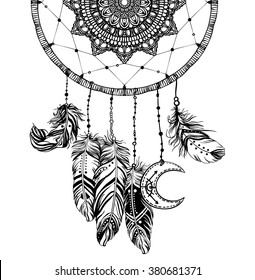 Hand drawn Native American Indian talisman dreamcatcher with feathers and moon. Vector hipster illustration isolated on white. Ethnic design, boho chic, tribal symbol. Coloring book for adults. 