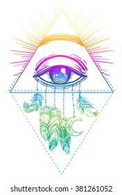 Hand drawn Native American Indian talisman dreamcatcher with eye, feathers and moon. Vector hipster illustration isolated on white. Ethnic design, boho chic, tribal symbol. Coloring book for adults. 