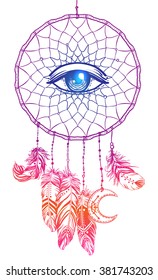 Hand drawn Native American Indian talisman dreamcatcher with eye, feathers and moon. Vector hipster illustration isolated on white. Ethnic design, boho chic, tribal symbol. Coloring book for adults. 