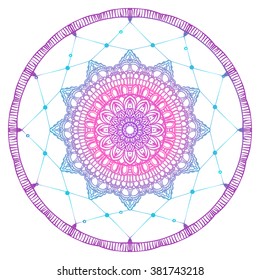 Hand drawn Native American Indian talisman dreamcatcher with feathers and moon. Vector hipster illustration isolated on white. Ethnic design, boho chic, tribal symbol. Coloring book for adults.