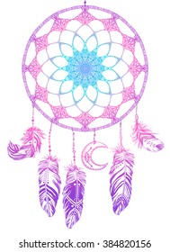 Hand drawn Native American Indian talisman dreamcatcher with feathers and moon. Vector hipster illustration isolated on white. Ethnic design, boho chic, tribal symbol. Coloring book for adults.