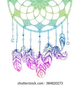 Hand drawn Native American Indian talisman dreamcatcher with feathers and moon. Vector hipster illustration isolated on white. Ethnic design, boho chic, tribal symbol. Coloring book for adults.