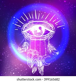 Hand drawn Native American Indian talisman dreamcatcher with eye, feathers and moon over night sky. Design for textile t-shirt print, flyer and poster. Futuristic vector illustration in neon colors.