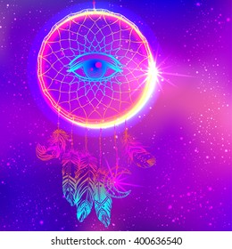 Hand drawn Native American Indian talisman dreamcatcher with eye, feathers and moon over night sky. Design for textile t-shirt print, flyer and poster. Futuristic vector illustration in neon colors.