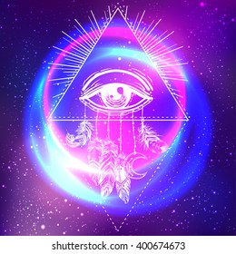 Hand drawn Native American Indian talisman dreamcatcher with eye, feathers and moon over night sky. Design for textile t-shirt print, flyer and poster. Futuristic vector illustration in neon colors.