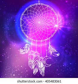 Hand drawn Native American Indian talisman dreamcatcher, feathers and moon over night sky. Design for textile t-shirt print, flyer and poster. Futuristic vector illustration in neon colors.