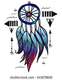 Hand drawn Native American Indian talisman dreamcatcher with feather and geometric figure.Vector hipster illustration isolated on white.Ethnic design,boho chic,tribal symbol. Coloring book for adults.