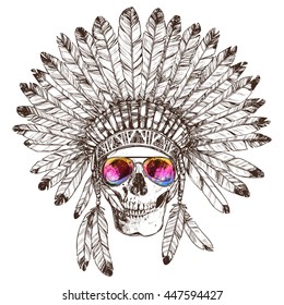 Hand Drawn Native American Indian Headdress With Human Skull And Fashion Sunglasses. Sketch Hipster Boho Illustration With Indian Tribal Chief Feather Hat, Skull, Spectacles