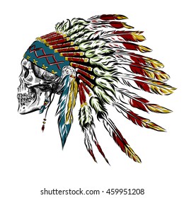 Hand Drawn Native American Indian Feather Headdress With Human Skull. Vector Illustration