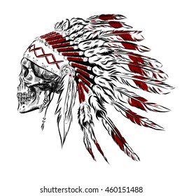 Hand Drawn Native American Indian Feather Headdress With Human Skull. Vector Illustration