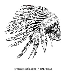 Hand Drawn Native American Indian Feather Headdress With Human Skull. Vector Illustration