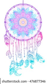Hand drawn Native American Indian talisman dream catcher with mandala round pattern, feathers, moon. Vector hipster illustration isolated on white. Ethnic design, boho, dreamcatcher tribal symbol. 