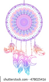 Hand drawn Native American Indian talisman dream catcher with mandala round pattern, feathers, moon. Vector hipster illustration isolated on white. Ethnic design, boho, dreamcatcher tribal symbol.  svg
