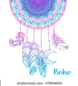 Hand drawn Native American Indian talisman dream catcher with mandala round pattern, feathers, moon. Vector hipster illustration isolated on white. Ethnic design, boho, dreamcatcher tribal symbol. 