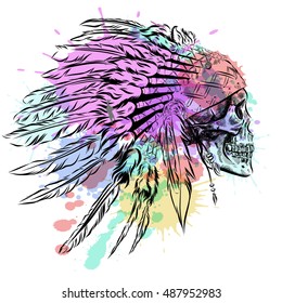 Hand Drawn Native American Indian Feather Headdress With Human Skull. Vector watercolor Illustration