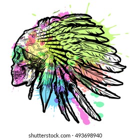 Hand Drawn Native American Indian Feather Headdress With Human Skull. Vector watercolor Illustration