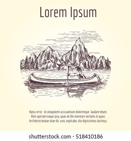 Hand drawn native american indian in canoe boat on montain landscape. Tourist vector logo or banner design
