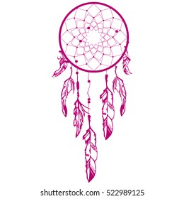 Hand drawn Native American Indian talisman dreamcatcher with feathers and moon. Vector hipster illustration isolated on white. Ethnic design, boho chic, tribal symbol. Coloring book for adults.