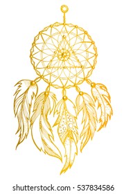 Hand drawn Native American Indian talisman dreamcatcher with feathers. Vector hipster illustration isolated on white. Ethnic design, boho chic, tribal symbol. Coloring book for adults.