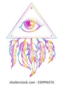 Hand drawn Native American Indian talisman dreamcatcher with feathers. Vector hipster illustration isolated on white. Ethnic design, boho chic, tribal symbol, eyes, eye, optic, rainbow, Coloring book.