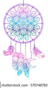 Hand drawn Native American Indian talisman dream catcher with mandala round pattern, feathers, moon. Vector hipster illustration isolated on white. Ethnic design, boho, dreamcatcher tribal symbol.  svg