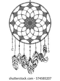 Hand drawn Native American Indian talisman dreamcatcher with feathers and moon. Vector hipster illustration isolated on white. Ethnic design, boho chic, tribal symbol. Coloring book for adults.