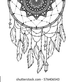 Hand drawn Native American Indian talisman dreamcatcher with feathers and moon. Vector hipster illustration isolated on white. Ethnic design, boho chic, tribal symbol. Coloring book for adults. 