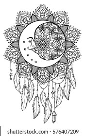  Hand drawn Native American Indian talisman dreamcatcher with feathers, moon. Vector hipster illustration isolated on white. Ethnic design, boho chic, Blackwork tattoo flash. Coloring book for adults svg