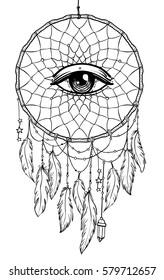 Hand drawn Native American Indian talisman dreamcatcher with eye, feathers and moon. Vector hipster illustration isolated on white. Ethnic design, boho chic, tribal symbol. Coloring book for adults. 