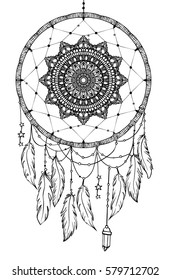 Hand drawn Native American Indian talisman dreamcatcher with feathers and moon. Vector hipster illustration isolated on white. Ethnic design, boho chic, tribal symbol. Coloring book for adults. 