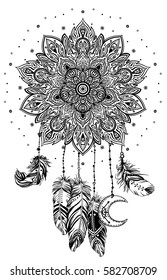 Hand drawn Native American Indian talisman dreamcatcher with feathers and moon. Vector hipster illustration isolated on white. Ethnic design, boho chic, tribal symbol. Coloring book for adults. 