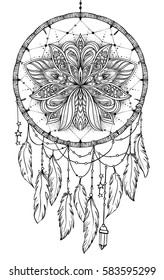 Hand drawn Native American Indian talisman dreamcatcher with feathers and moon. Vector hipster illustration isolated on white. Ethnic design, boho chic, tribal symbol. Coloring book for adults. 