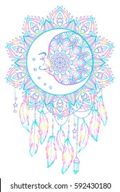  Hand drawn Native American Indian talisman dreamcatcher with feathers, moon. Vector hipster illustration isolated on white. Ethnic design, boho chic, Blackwork tattoo flash. Coloring book for adults 