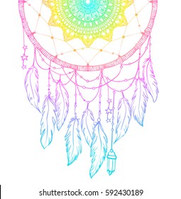 Hand drawn Native American Indian talisman dreamcatcher with feathers and moon. Vector hipster illustration isolated on white. Ethnic design, boho chic, tribal symbol. Coloring book for adults.