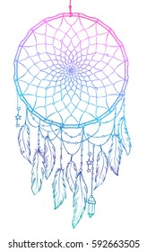 Hand drawn Native American Indian talisman dreamcatcher with feathers and moon. Vector hipster illustration isolated on white. Ethnic design, boho chic, tribal symbol. Coloring book for adults.