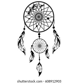 Hand drawn Native American Indian talisman dreamcatcher with feathers and moon. Vector hipster illustration isolated on white. Ethnic design, boho chic, tribal symbol.