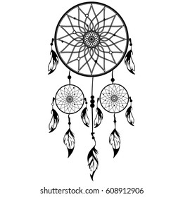 Hand drawn Native American Indian talisman dreamcatcher with feathers and moon. Vector hipster illustration isolated on white. Ethnic design, boho chic, tribal symbol.