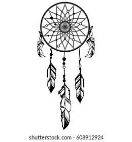 Hand drawn Native American Indian talisman dreamcatcher with feathers and moon. Vector hipster illustration isolated on white. Ethnic design, boho chic, tribal symbol.