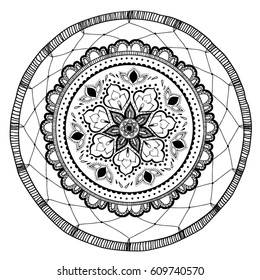 Hand drawn Native American Indian talisman dreamcatcher circle. Vector hipster illustration isolated on white. Ethnic design, boho chic, tribal symbol. Coloring book for adults.