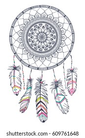 Hand drawn Native American Indian talisman dreamcatcher circle. Vector hipster illustration isolated on white. Ethnic design, boho chic, tribal symbol. Coloring book for adults.