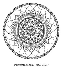 Hand drawn Native American Indian talisman dreamcatcher circle. Vector hipster illustration isolated on white. Ethnic design, boho chic, tribal symbol. Coloring book for adults.