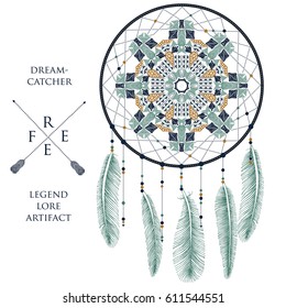 Hand drawn Native American Indian talisman dream catcher with feathers and arrows. Vector hipster illustration isolated on white. Ethnic design, boho chic, tribal symbol for Poster, icon, tattoo