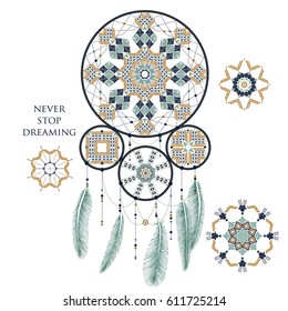Hand drawn Native American Indian talisman dream catcher with feathers and decor. Vector hipster illustration isolated on white. Ethnic design, boho chic, tribal symbol for Poster, icon, tattoo