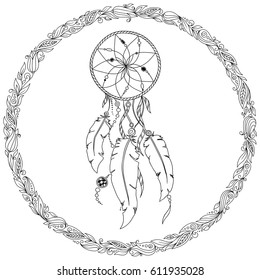 Hand drawn Native American Indian talisman dreamcatcher with feathers and moon. Vector hipster illustration isolated on white. Ethnic design, boho chic, tribal symbol. Coloring book for adults.